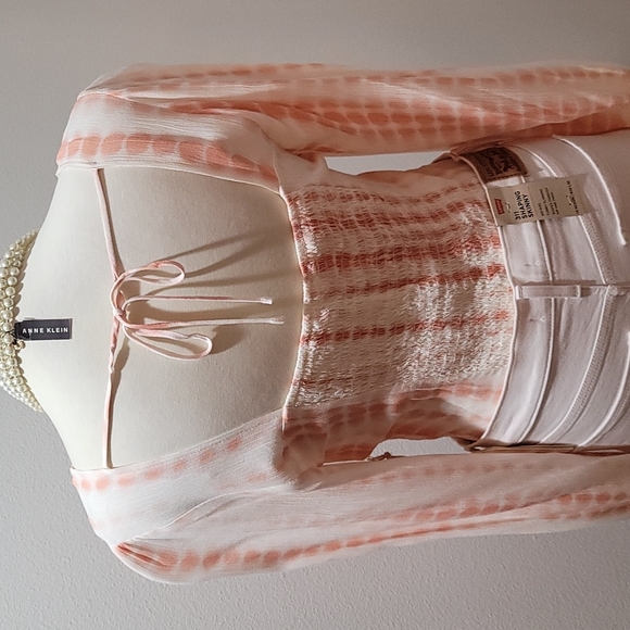 LOVE & PIECE PEACH TIE-DYE CROP TOP GAUZE RUFFLE BOHEMIAN LONG SLEEVE BLOUSE M - Picture 2 of 14